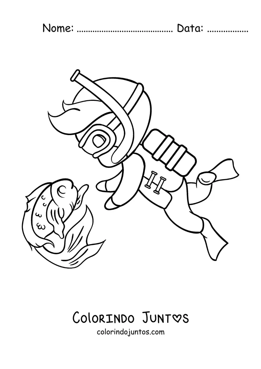 Desenho para colorir de um menino mergulhando ao lado de um peixe animado