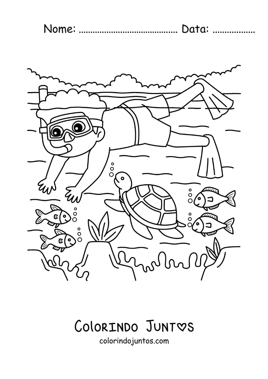 Desenho para colorir de um menino mergulhando no fundo do mar com peixes e uma tartaruga