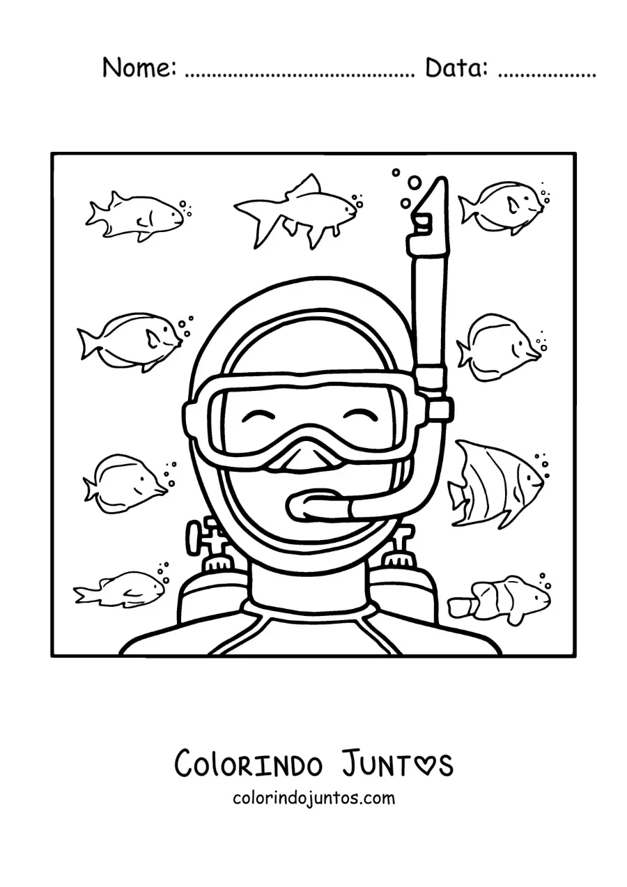 Desenho para colorir de um mergulhador no fundo do mar cercado por peixes