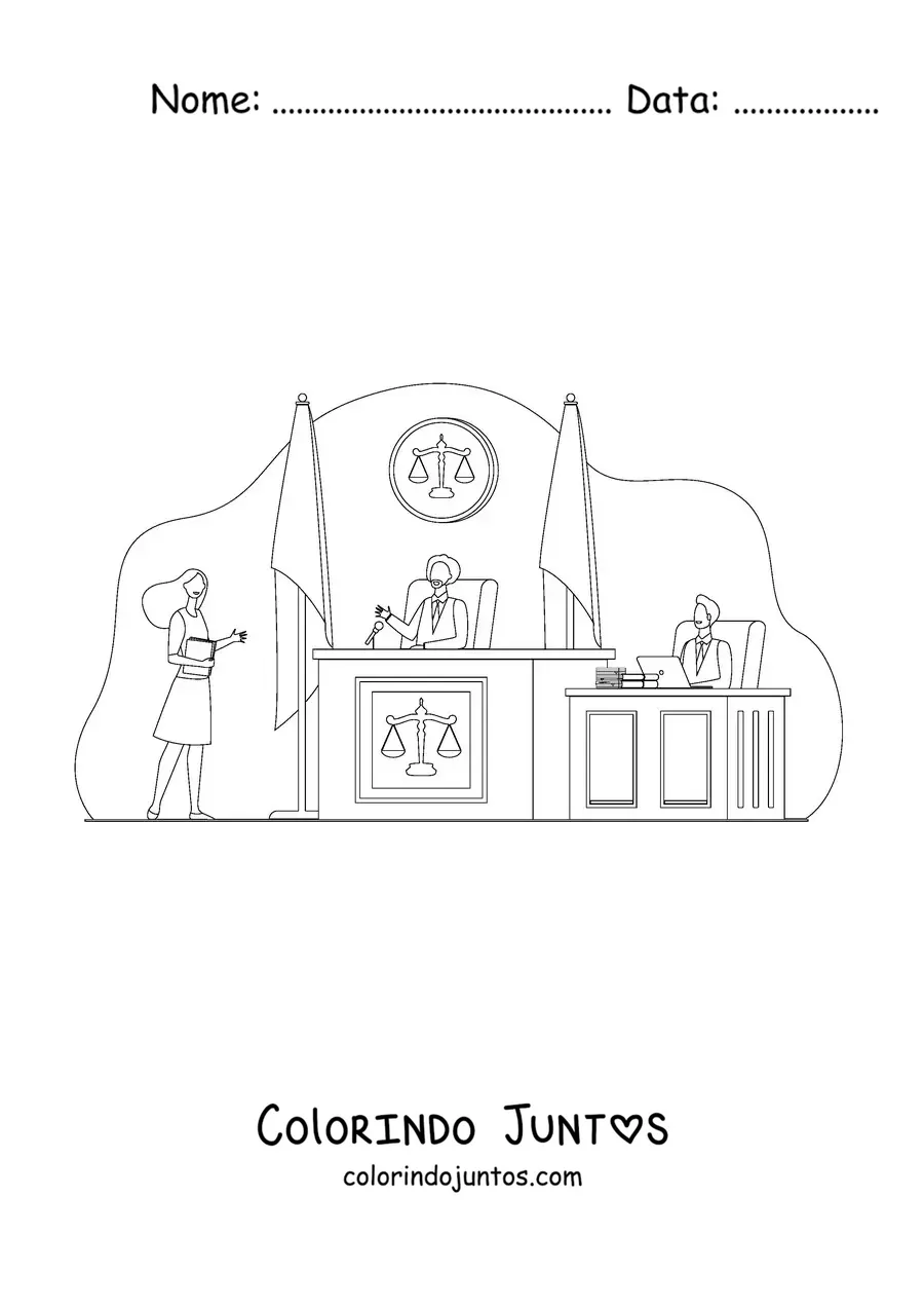 Desenho para colorir de um advogado diante de um juiz em um julgamento