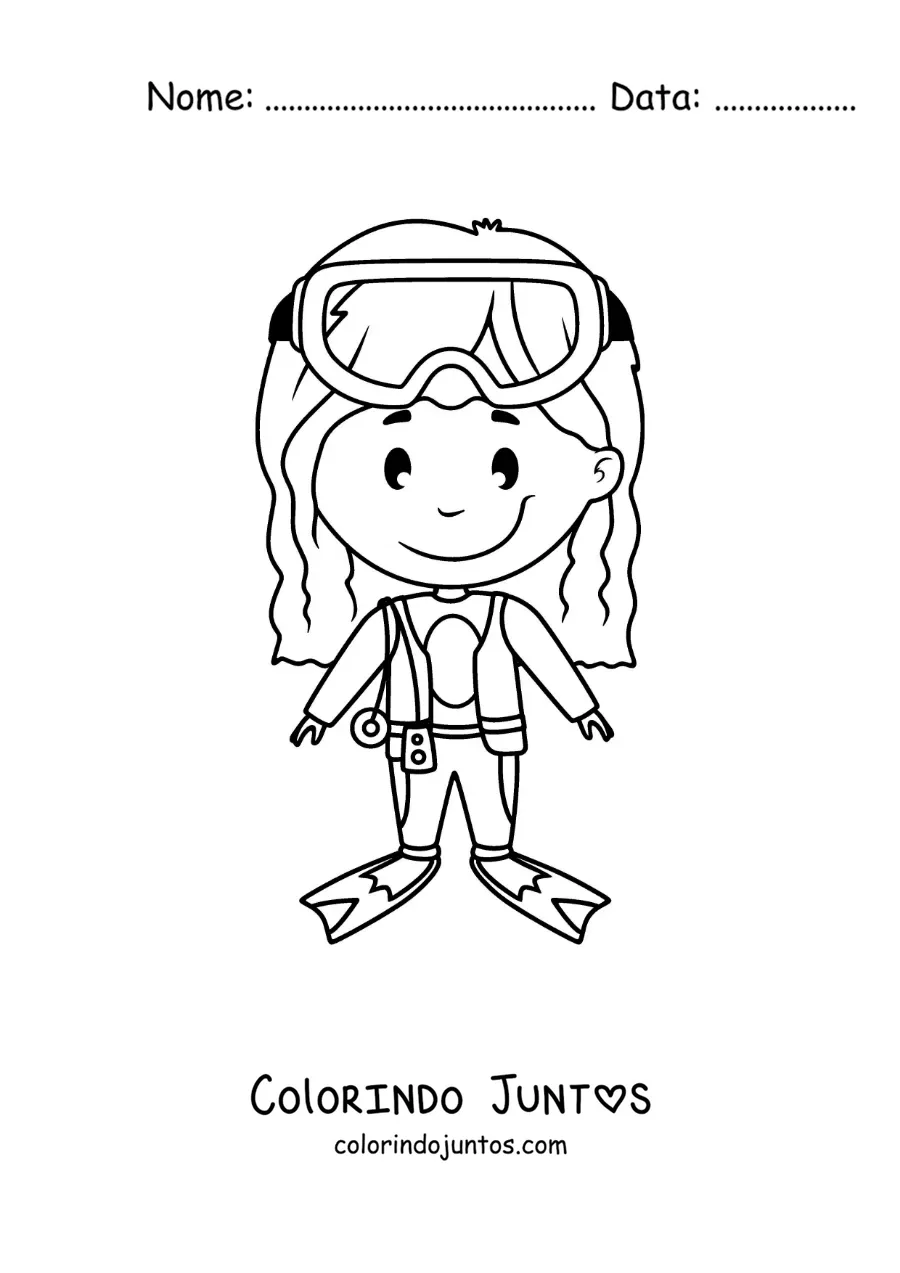 Desenho para colorir de uma menina com equipamento de mergulho