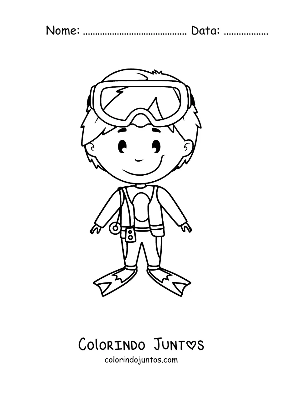 Desenho para colorir de um menino com equipamento de mergulho
