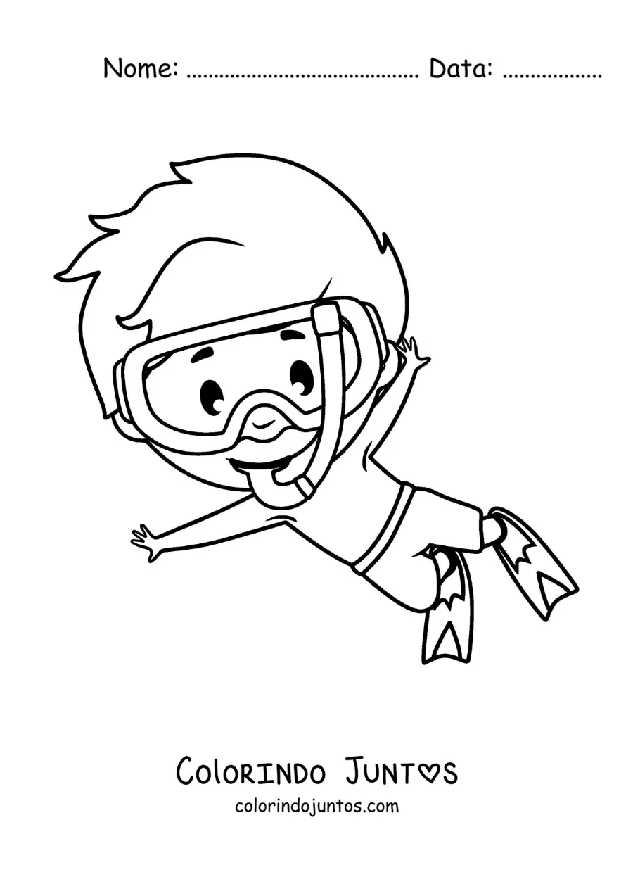 Desenho para colorir de um menino nadando com snorkel
