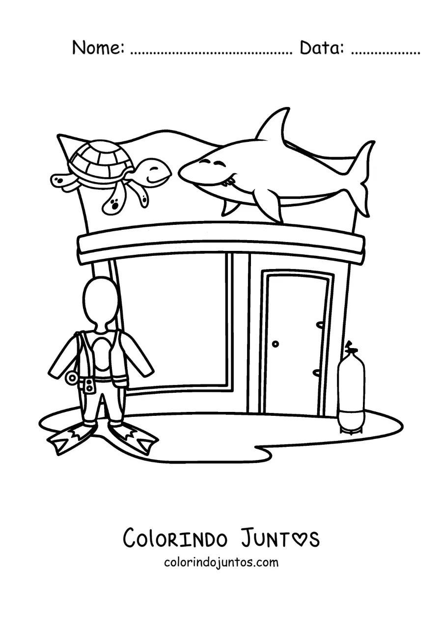Desenho para colorir de uma loja de equipamentos de mergulho