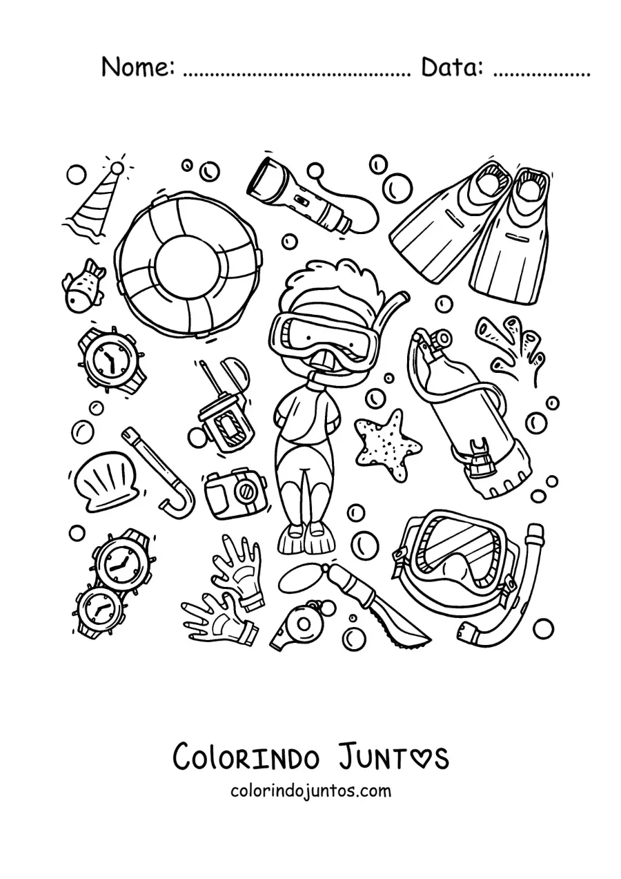 Desenho para colorir de um mergulhador com seu equipamento de mergulho