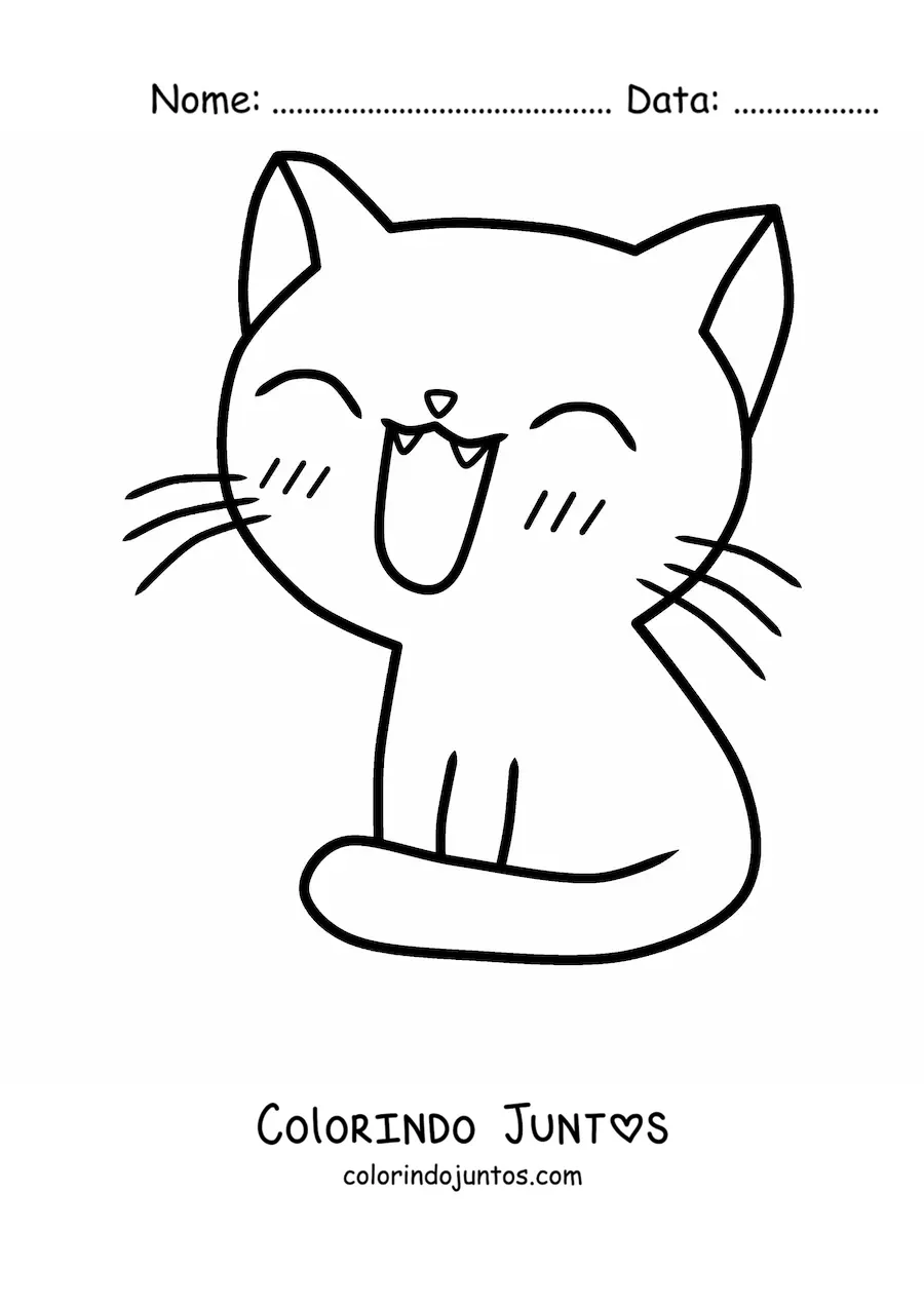 Desenho para colorir de um gato kawaii sentado sorrindo