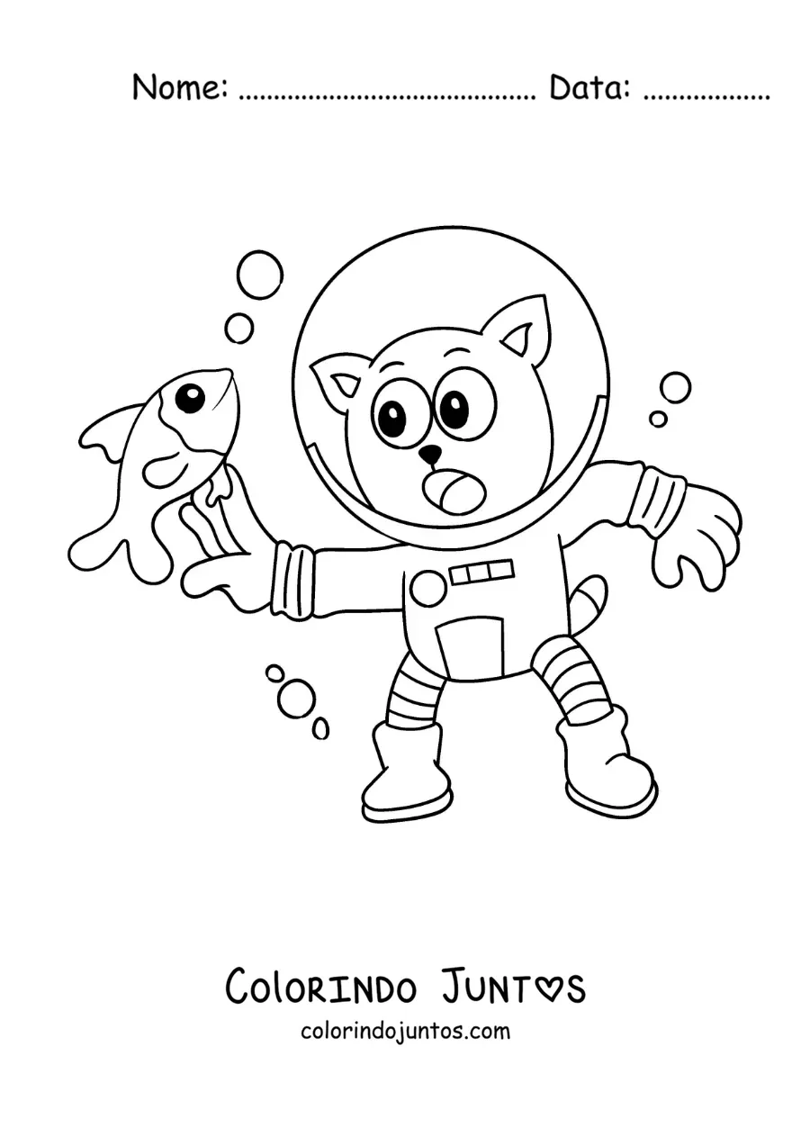 Desenho para colorir de um gato animado mergulhando e pegando um peixe