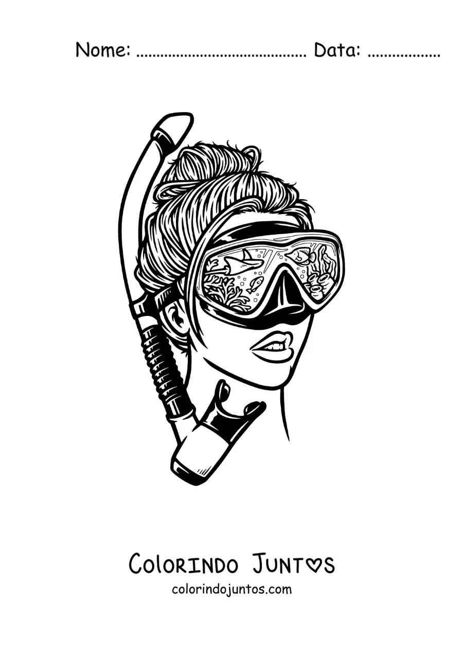 Desenho para colorir de uma menina em estilo realista com óculos e snorkel