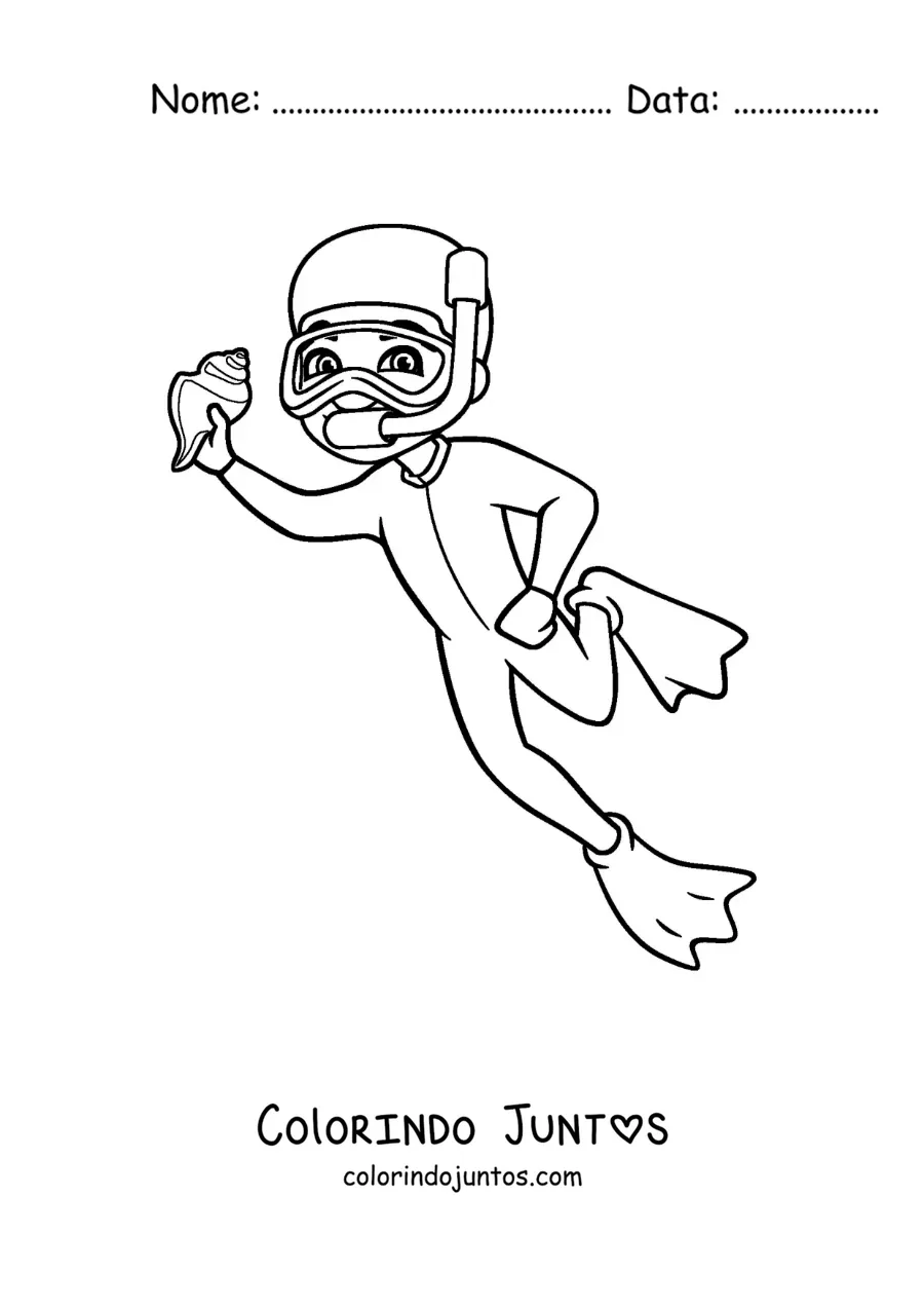 Desenho para colorir de um menino mergulhando e encontrando uma concha