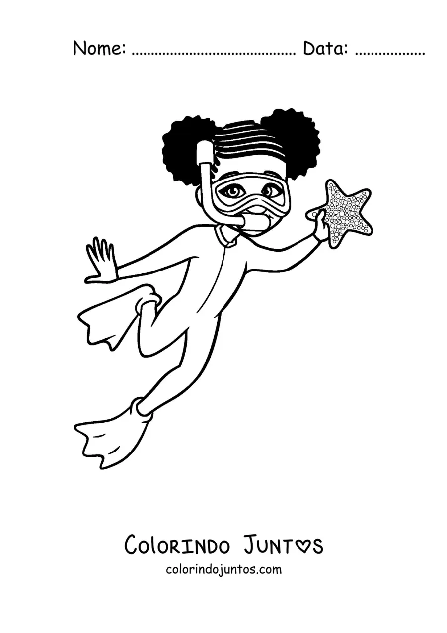 Desenho para colorir de uma menina mergulhando e encontrando uma estrela-do-mar