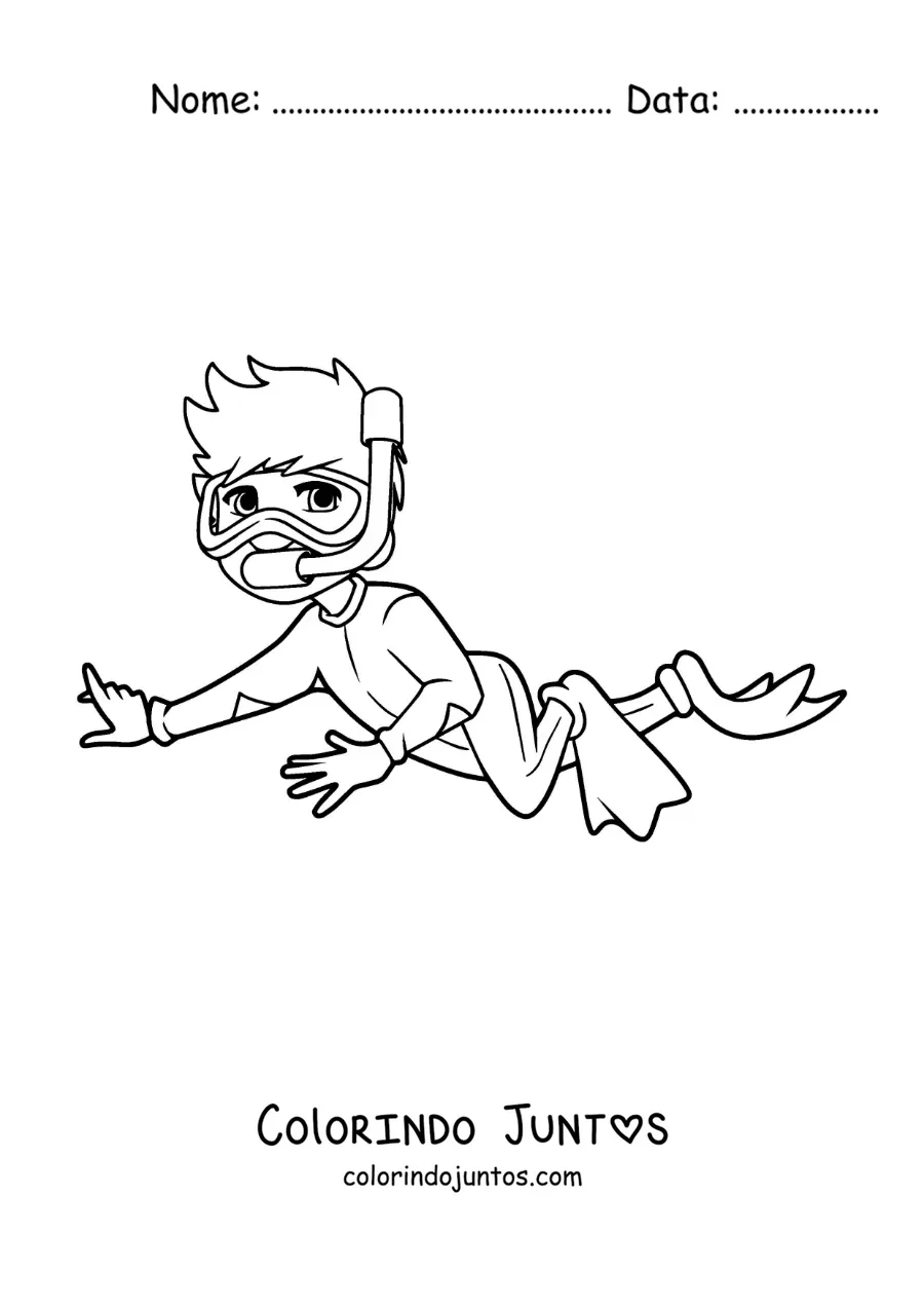 Desenho para colorir de um menino mergulhando com nadadeiras e snorkel