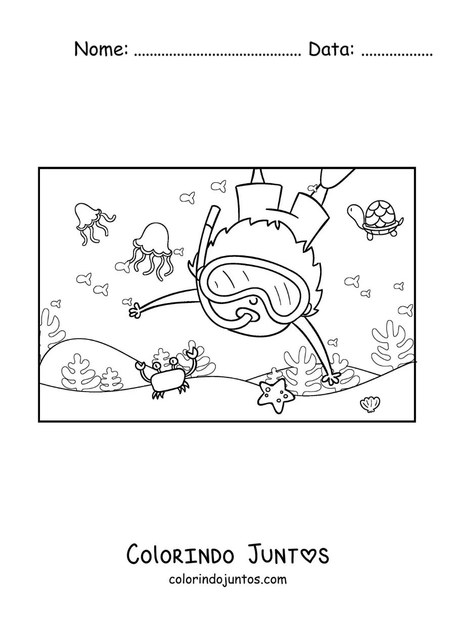 Desenho para colorir de um menino mergulhando no fundo do oceano com caranguejos e aguas-vivas