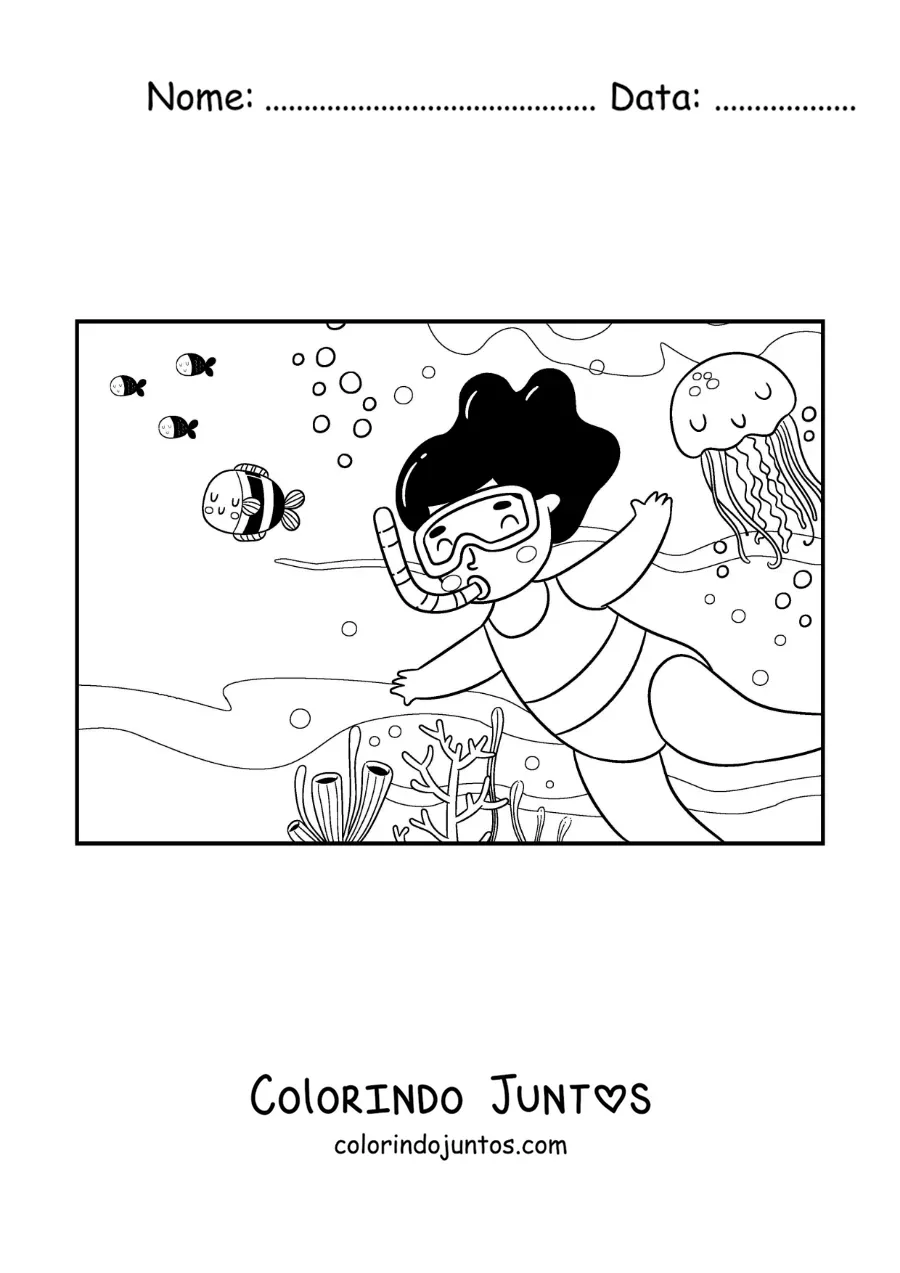 Desenho para colorir de uma menina mergulhando no fundo do oceano com peixes e aguas-vivas
