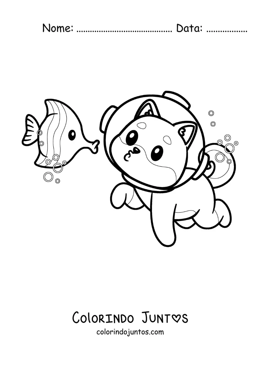 Desenho para colorir de um cachorro animado com capacete mergulhando com um peixe