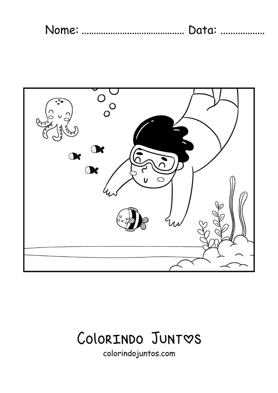 Desenho para colorir de um menino mergulhando no fundo do mar com peixes e polvos