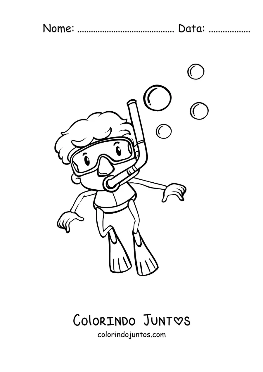 Desenho para colorir de um menino mergulhando com snorkel e nadadeiras