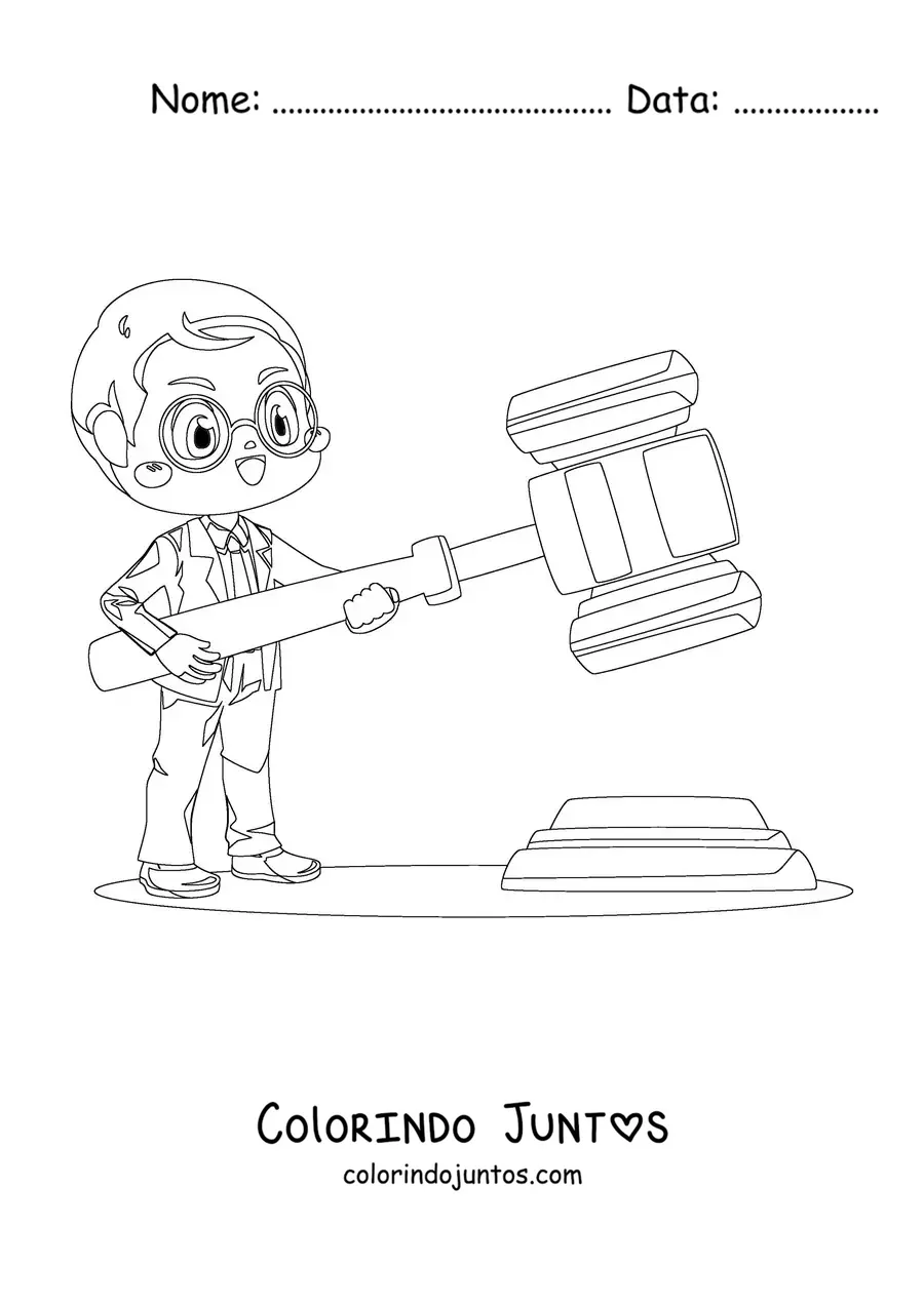 Desenho para colorir de um advogado kawaii segurando um martelo gigante