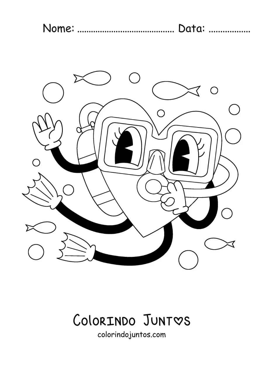 Desenho para colorir de um coracao animado mergulhando