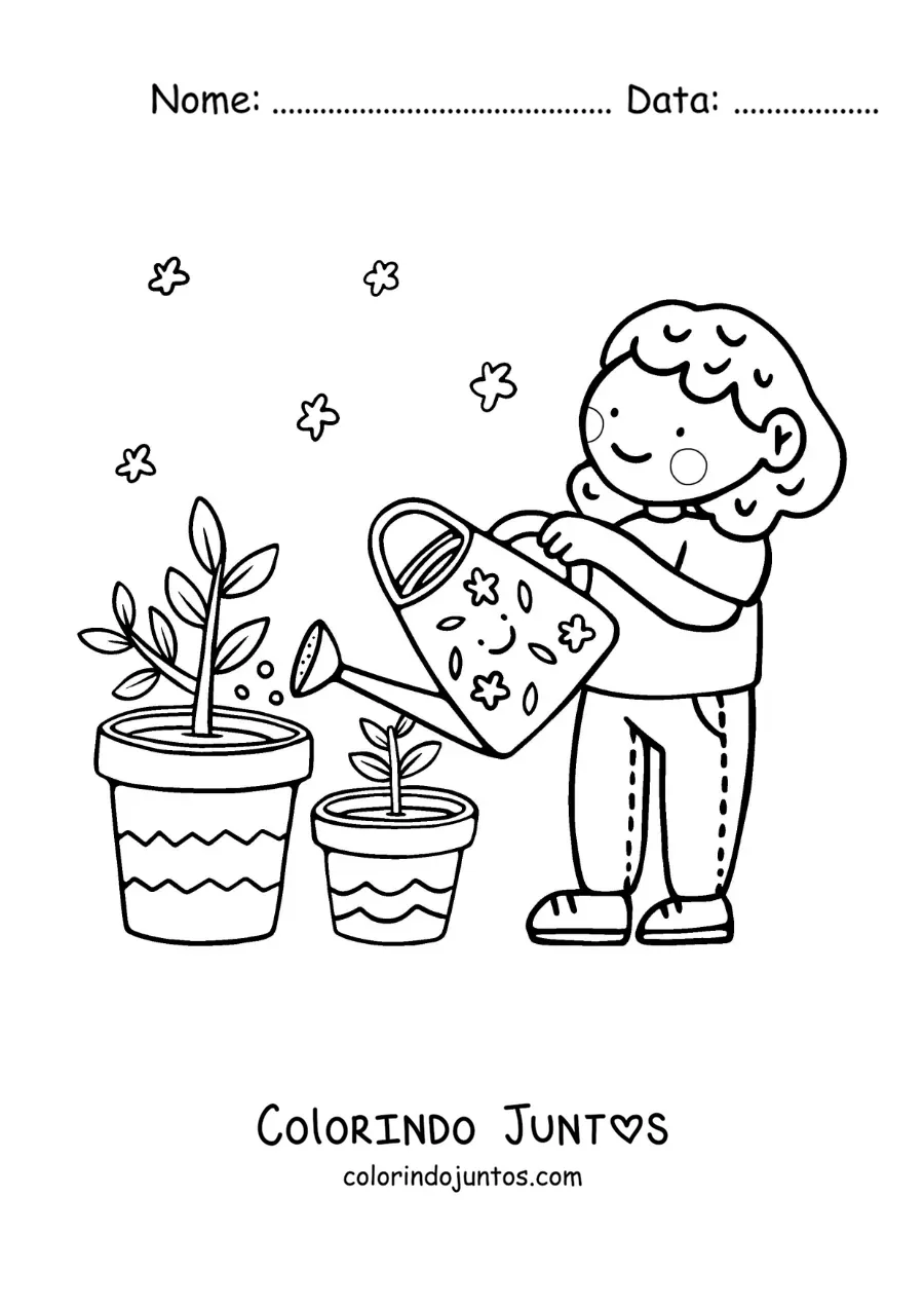 Desenho para colorir de uma linda menina regando suas plantas