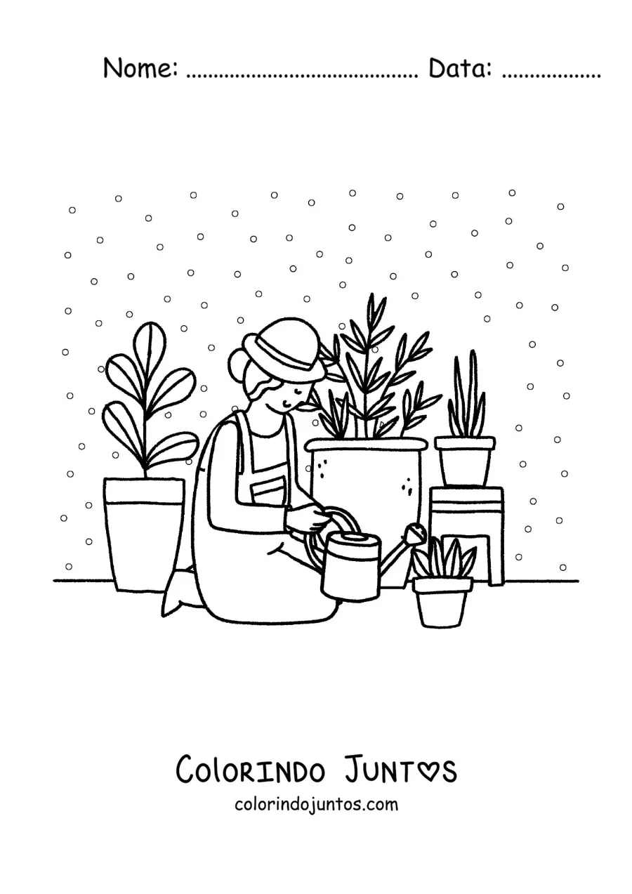 Desenho para colorir de uma menina regando suas plantas em casa