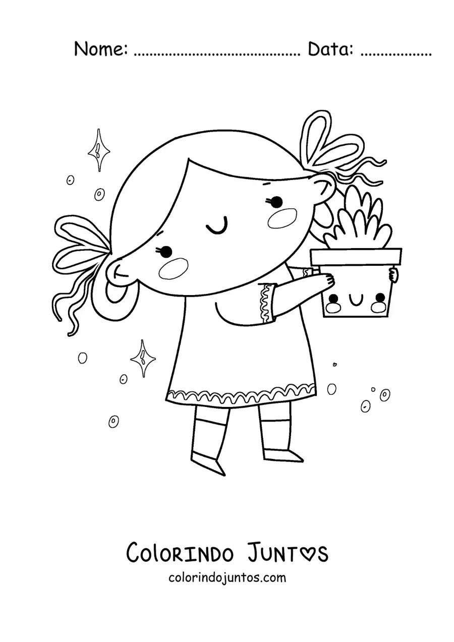 Desenho para colorir de uma menina com uma planta animada