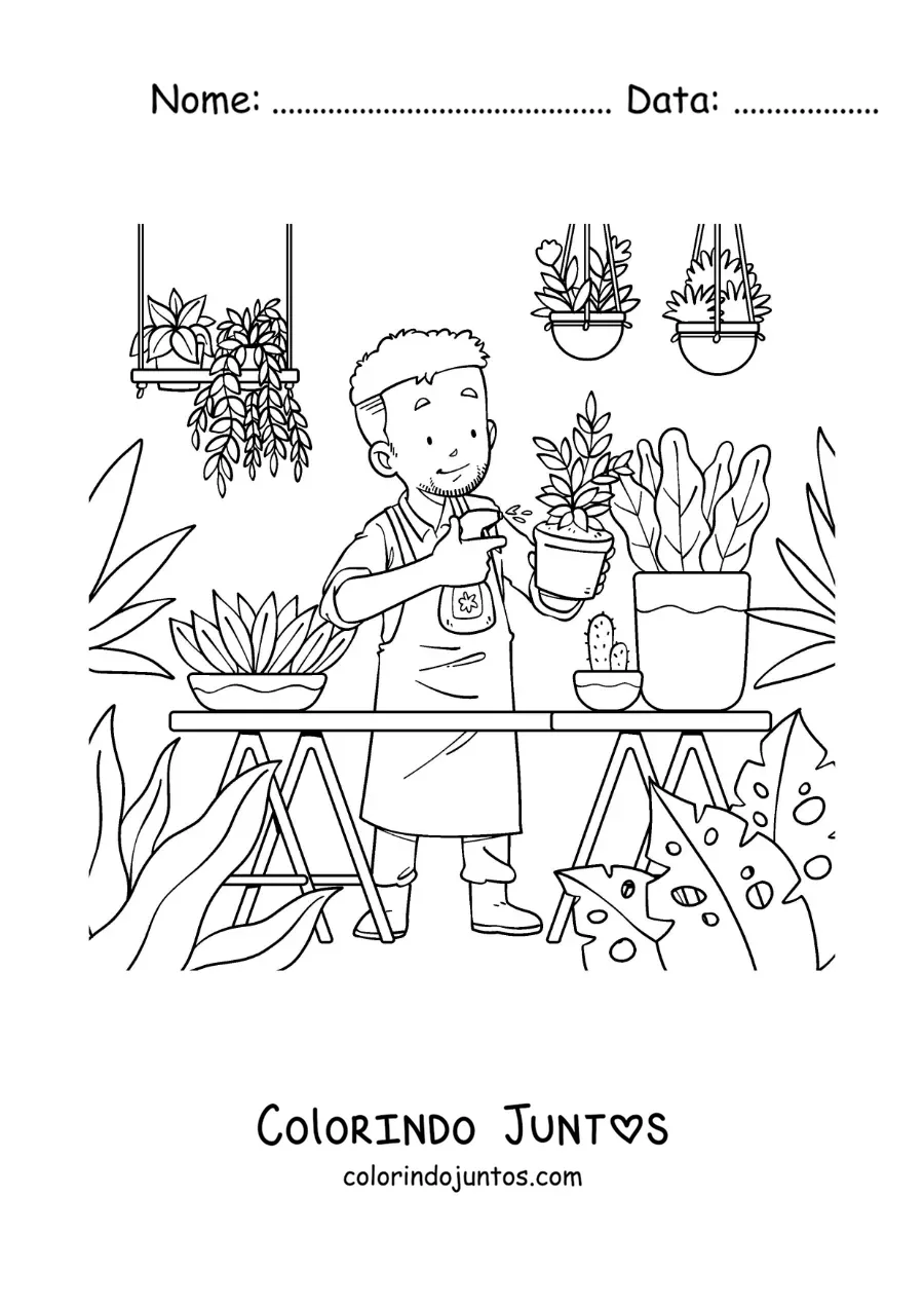 Desenho para colorir de um homem regando suas plantas na sua estufa
