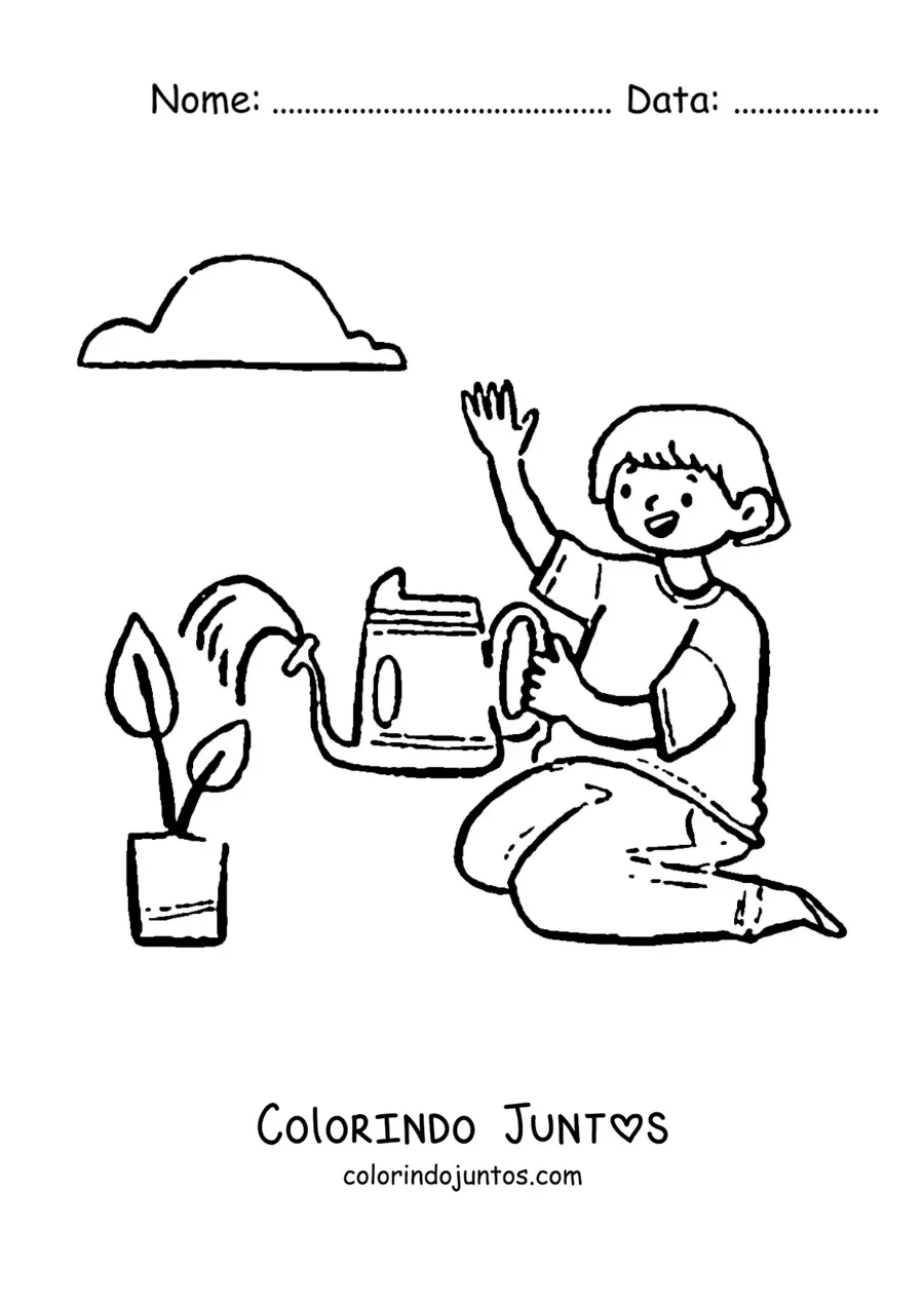 Desenho para colorir de um menino regando uma planta em um vaso