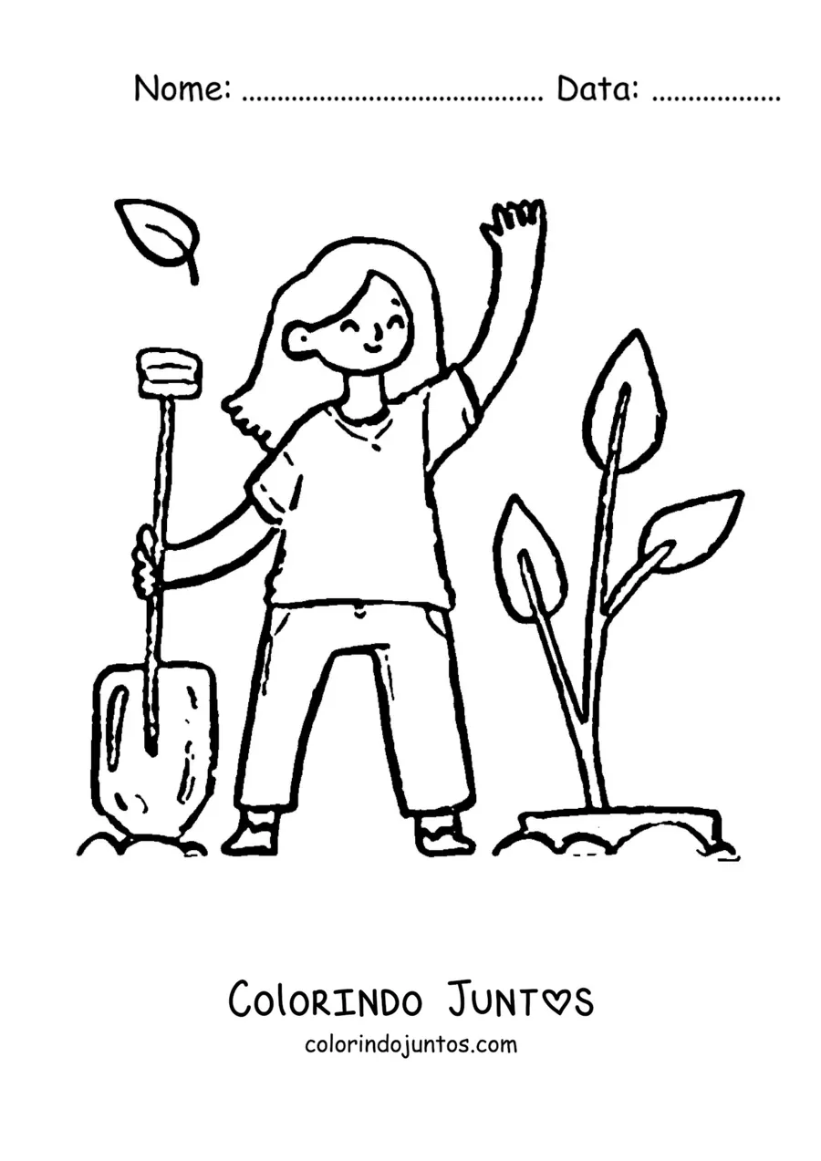 Desenho para colorir de uma menina transplantando uma planta para a terra