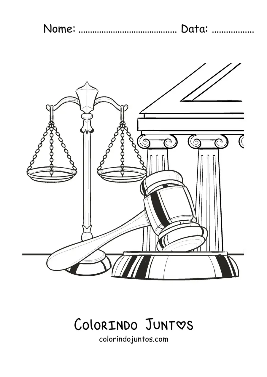 Desenho para colorir de uma balança e um martelo como símbolos da justiça