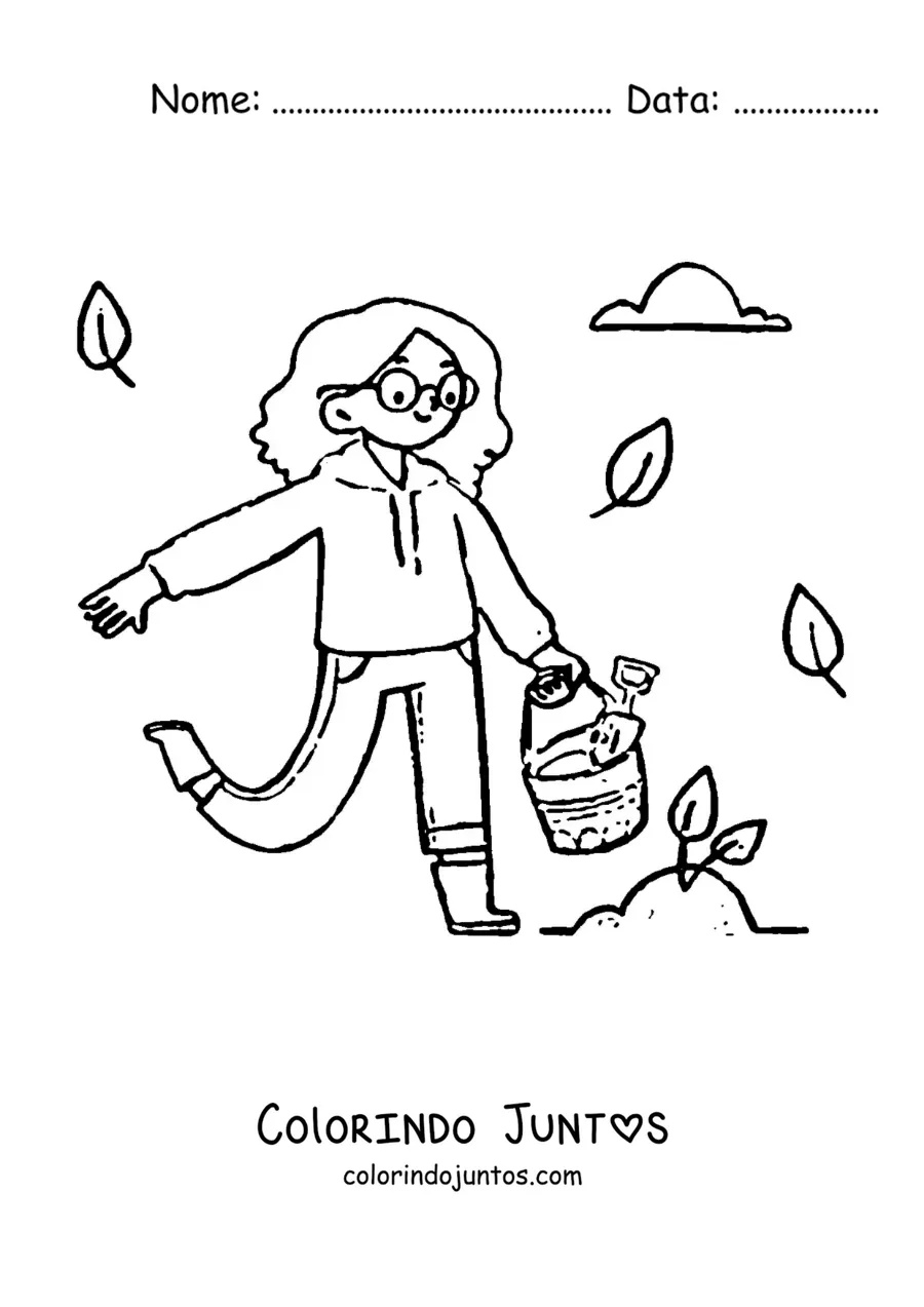 Desenho para colorir de uma menina cuidando de uma muda