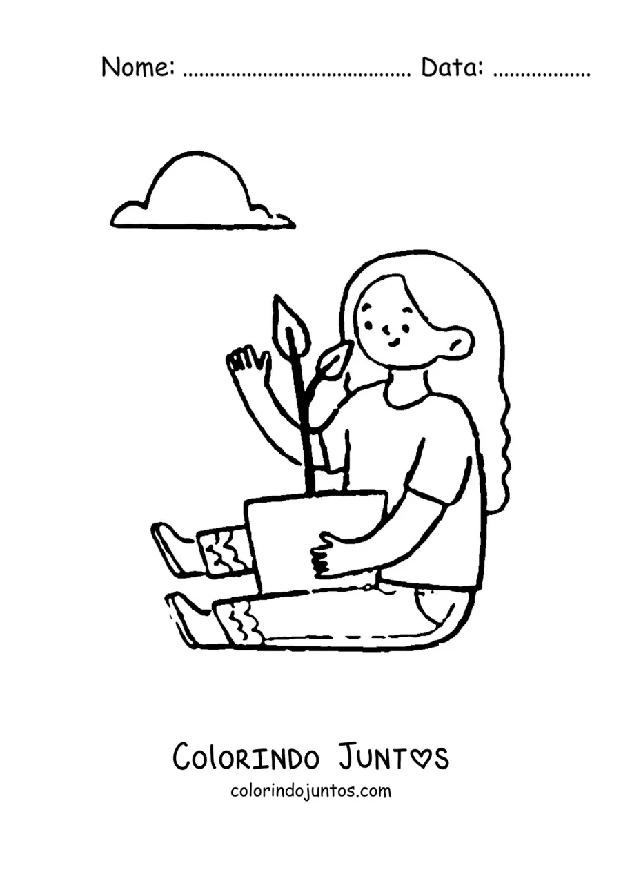 Desenho para colorir de uma menina abraçando uma planta no vaso
