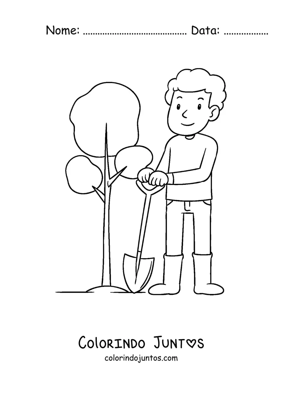 Desenho para colorir de um menino plantando uma planta na terra