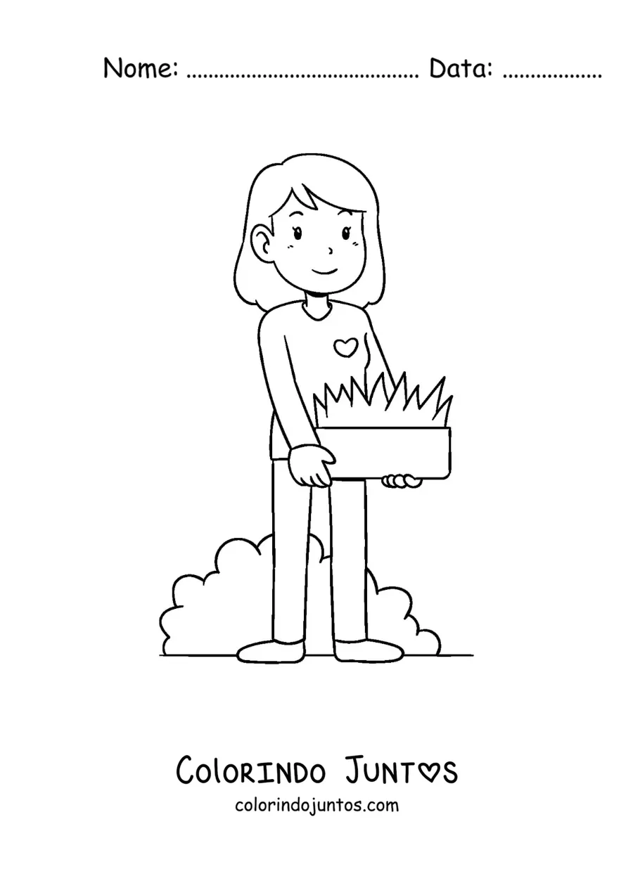 Desenho para colorir de uma menina cuidando do seu jardim