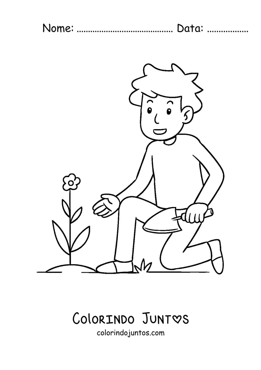 Desenho para colorir de um jovem plantando uma flor
