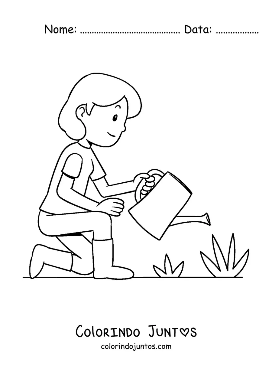 Desenho para colorir de uma jovem regando as plantas do seu jardim