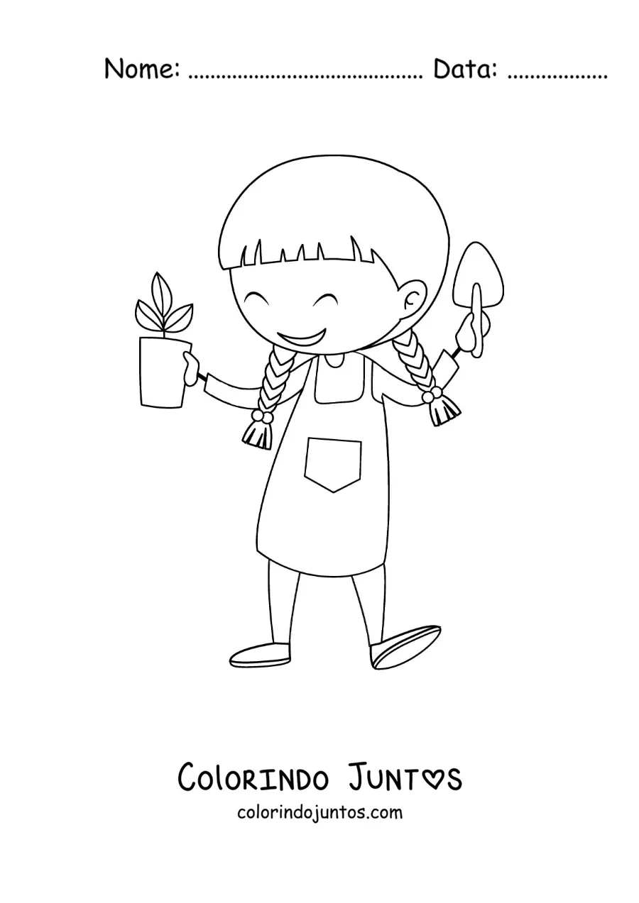 Desenho para colorir de uma menina com um vaso de planta e uma pá de jardinagem
