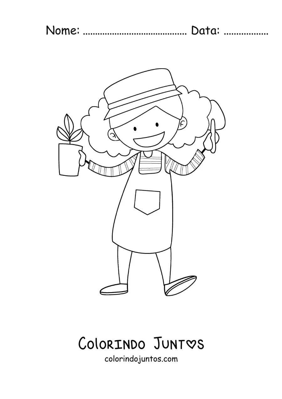 Desenho para colorir de uma menina jardineira com um vaso de planta e uma pá
