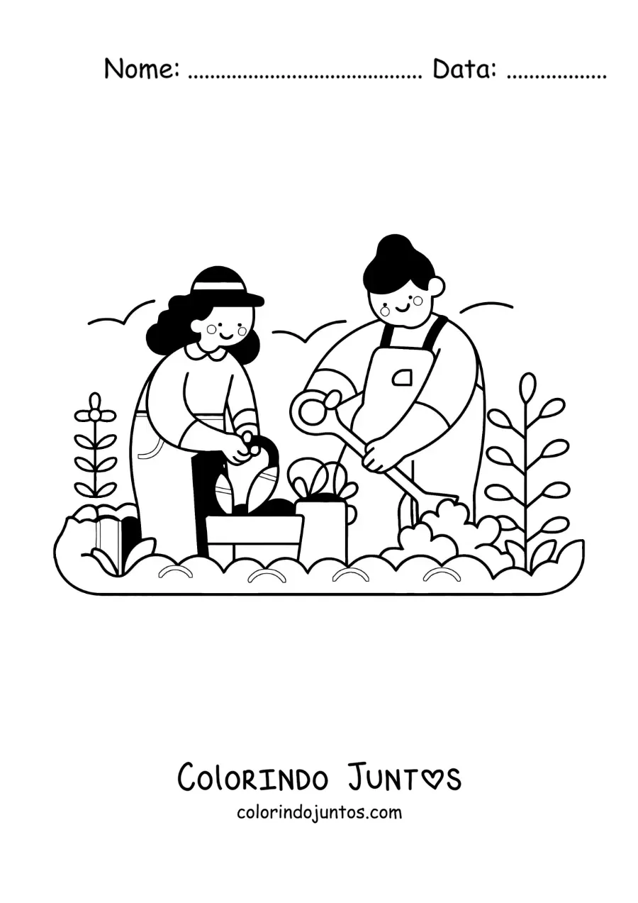 Desenho para colorir de duas meninas fazendo a manutenção de um jardim