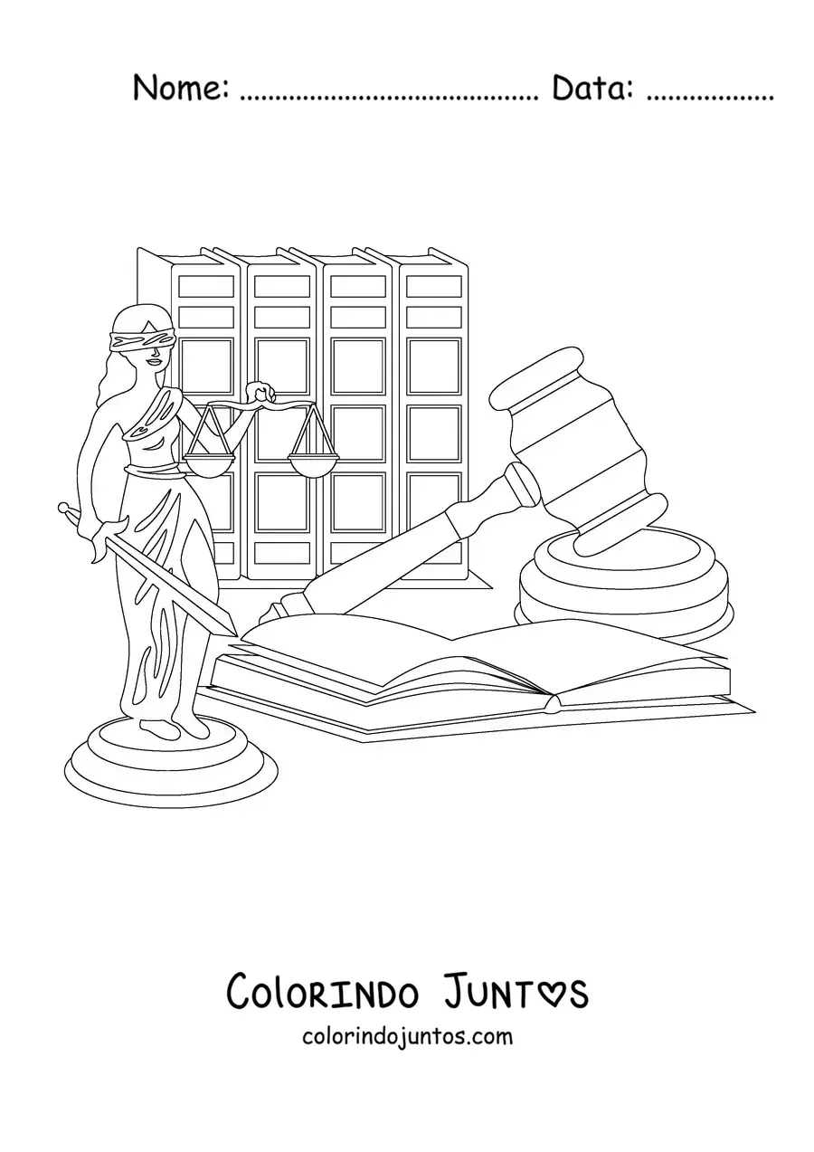 Desenho para colorir de uma figura da Justiça segurando uma balança ao lado de um martelo