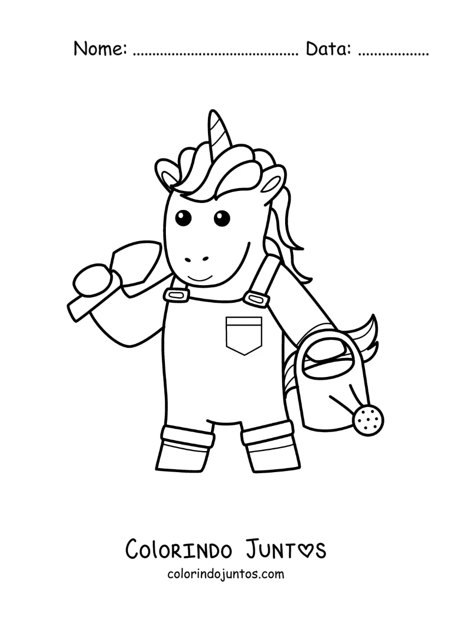 Desenho para colorir de um unicórnio jardineiro kawaii