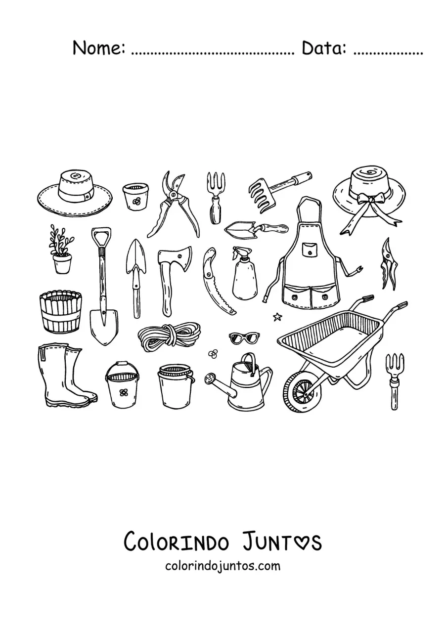 Desenho para colorir de ferramentas e equipamentos de jardinagem