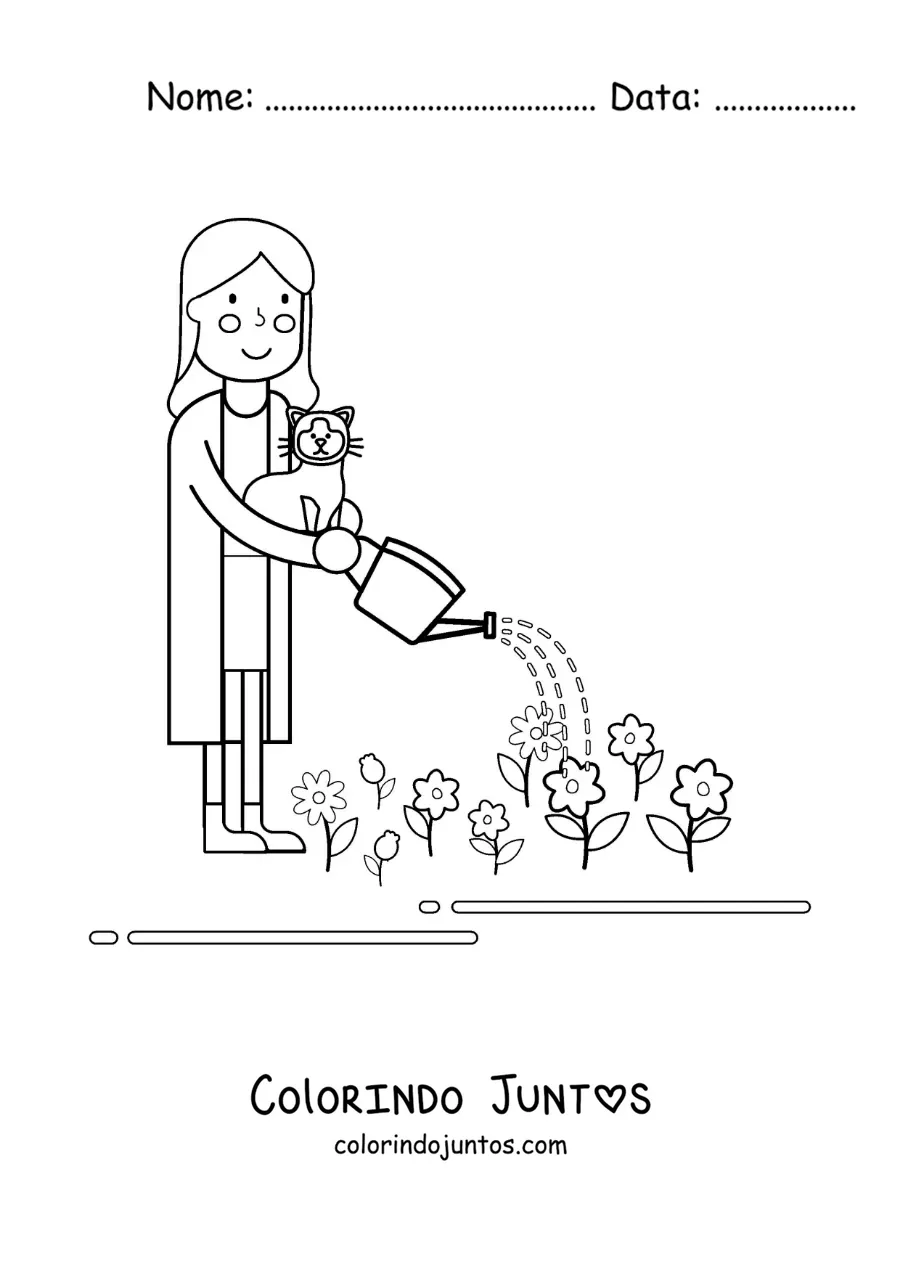 Desenho para colorir de uma mulher com seu gato regando flores