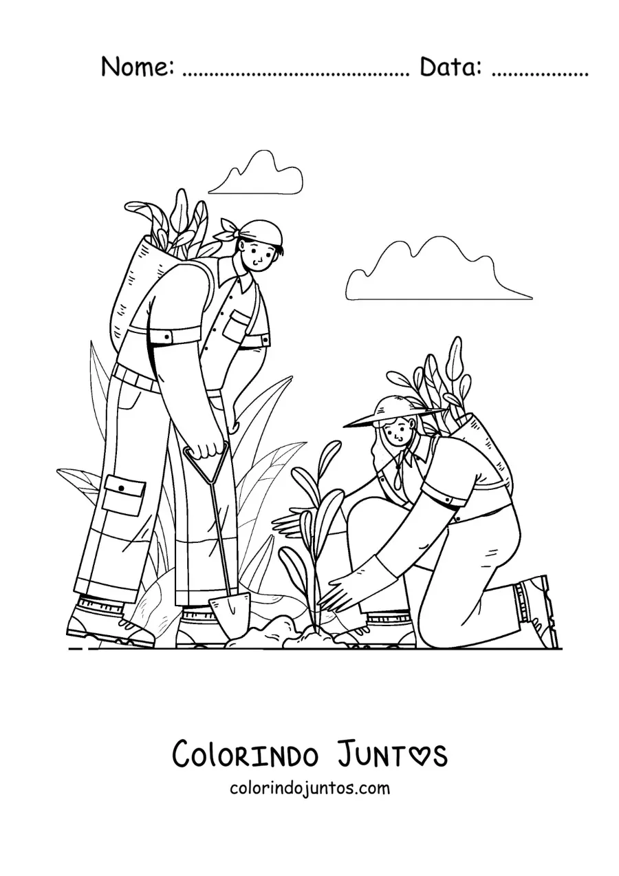 Desenho para colorir de um casal cuidando do seu jardim