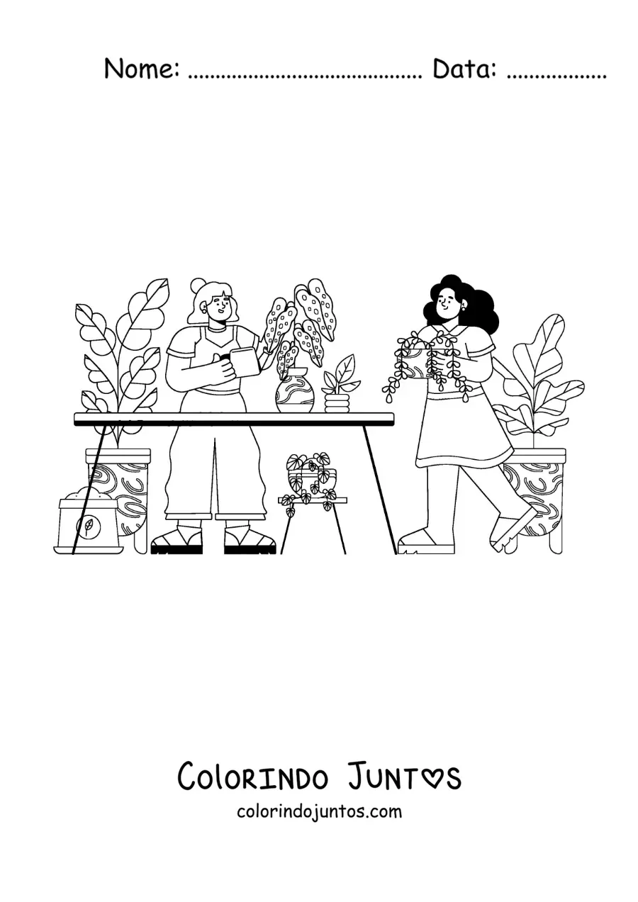 Desenho para colorir de duas meninas cuidando das plantas em uma estufa