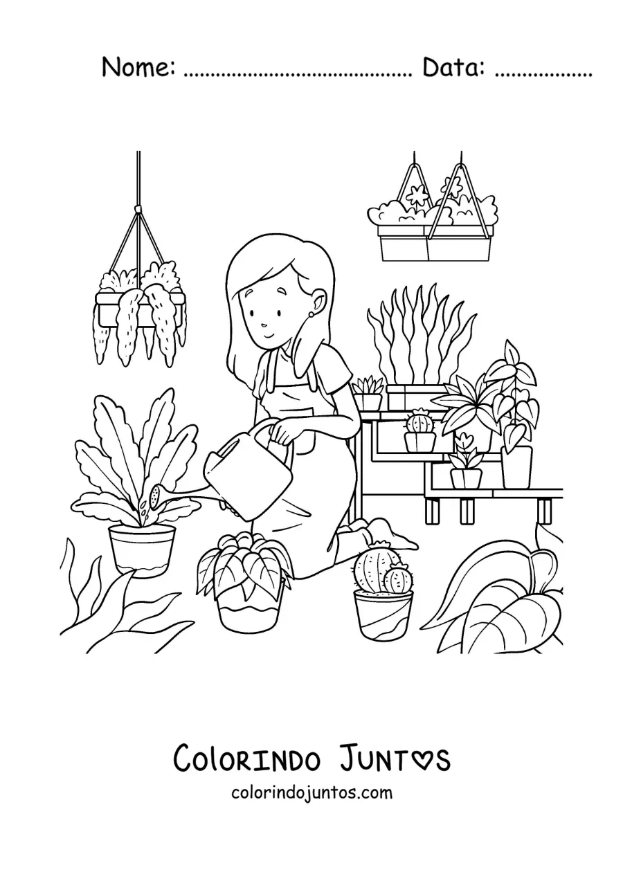 Desenho para colorir de uma mulher cuidando das plantas em uma estufa