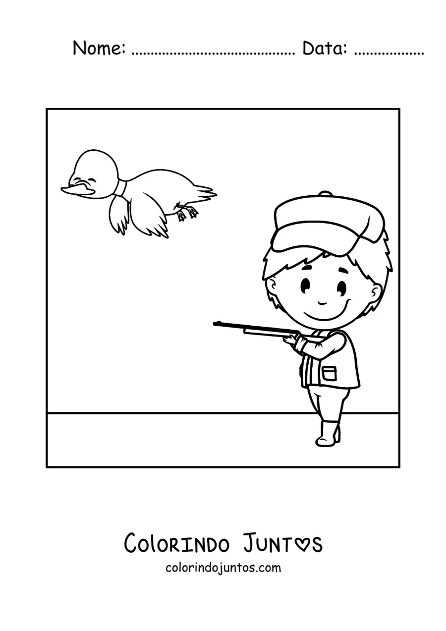 Desenho para colorir de um caçador mirando em um pato