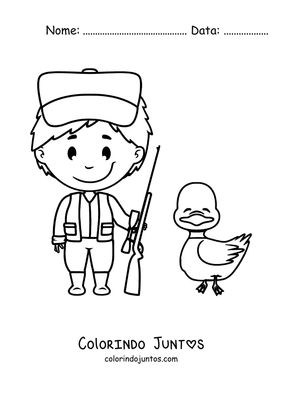 Desenho para colorir de um caçador ao lado de um pato