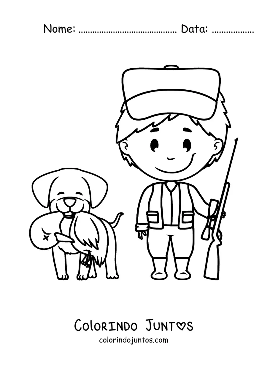 Desenho para colorir de um caçador ao lado de um cão de caça que pegou um pato