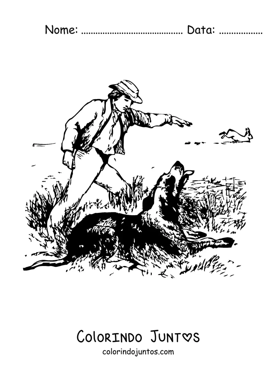 Desenho para colorir de um caçador de patos dando instruções ao seu cão