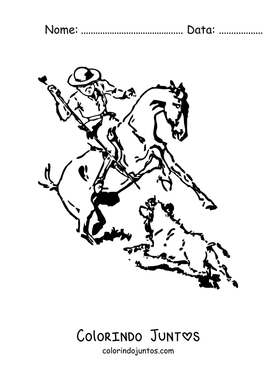 Desenho para colorir de um homem a cavalo caçando um javali